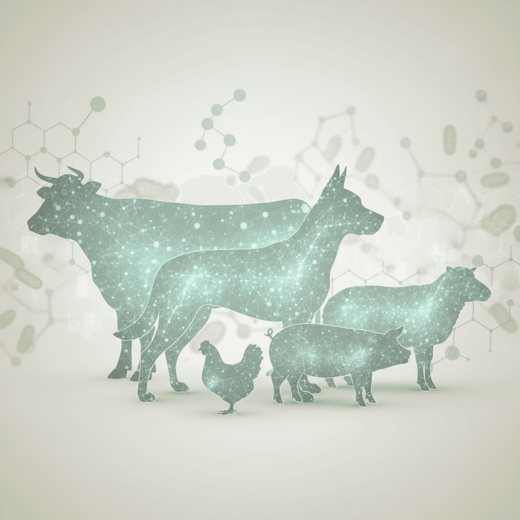Biotech livestock visualization showing molecular networks and multi-omics analysis for farm animals